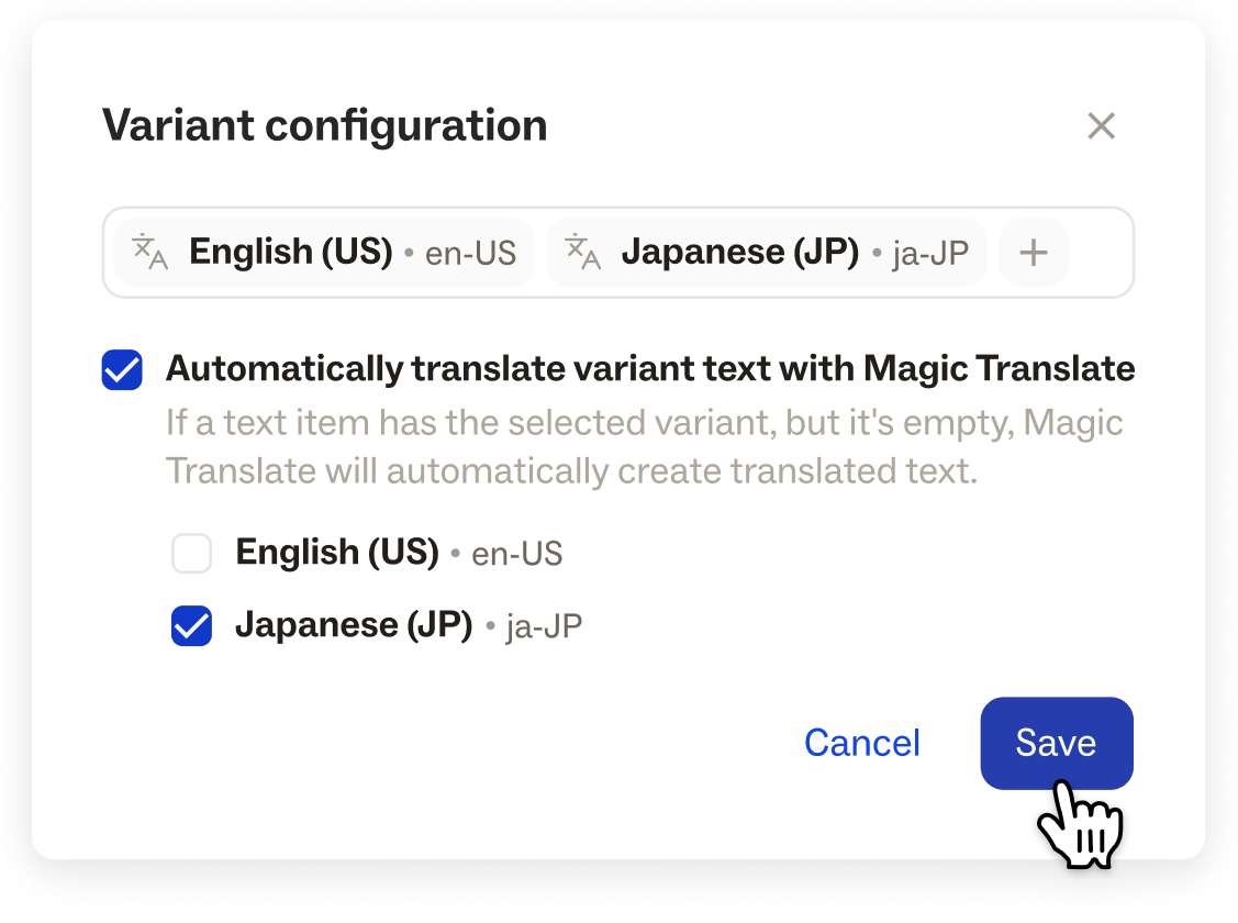 Variant configuration dialog showing English and Japanese locales with Magic Translate